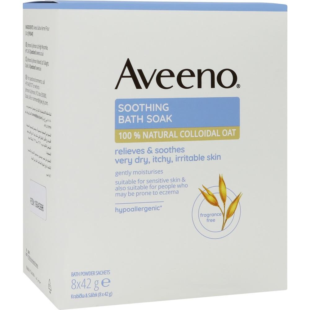 Ein weißer Karton zeigt ein Badezusatzprodukt von Aveeno für empfindliche Haut.