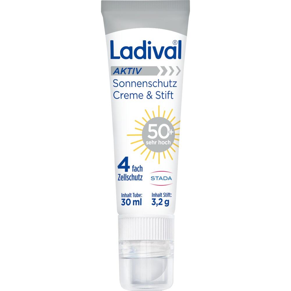 Weiße Tube von Ladival Sonnenschutzcreme mit SPF 50+ und 4-fach Zellschutz.