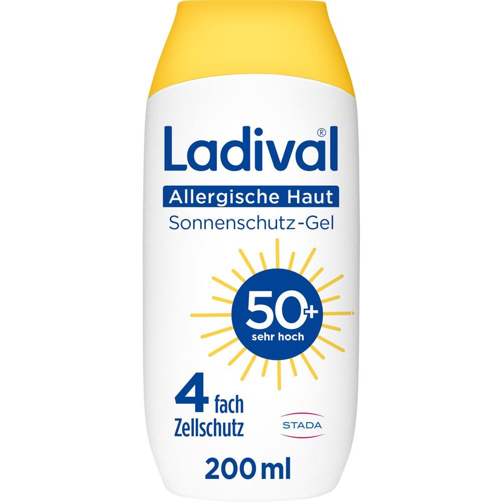 Flasche mit Sonnenschutz-Gel für allergische Haut, Lichtschutzfaktor 50+.