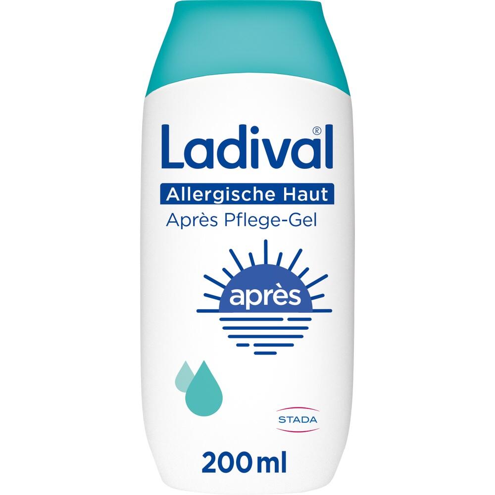 Flasche mit Pflege-Gel für allergische Haut von Ladival, 200 ml, mit blauem Deckel.
