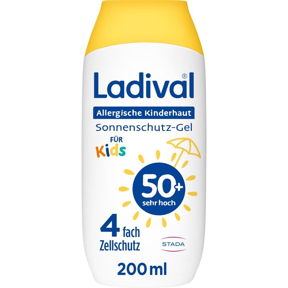 Gelbe Sonnencreme-Flasche für Kinder mit LSF 50+ und 200 ml Inhalt.