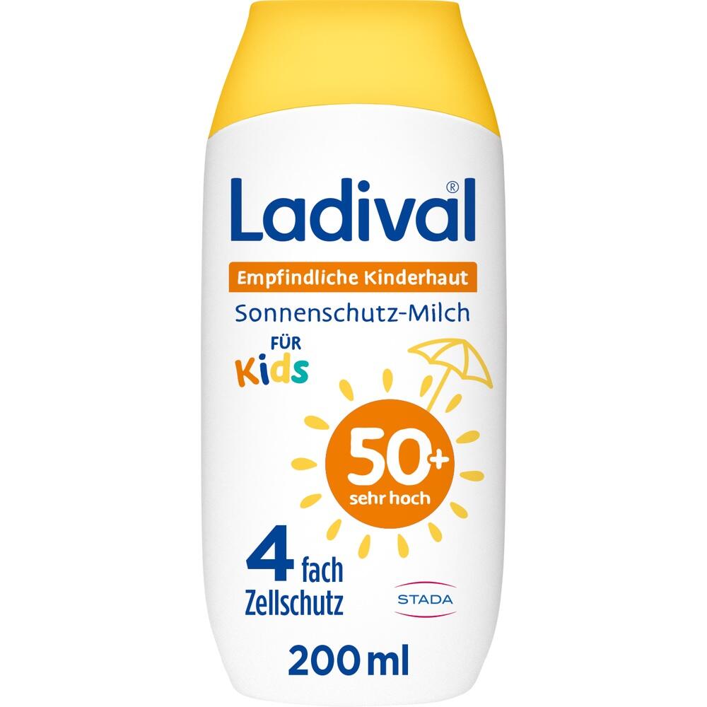Flasche Sonnencreme für Kinder mit Lichtschutzfaktor 50+.