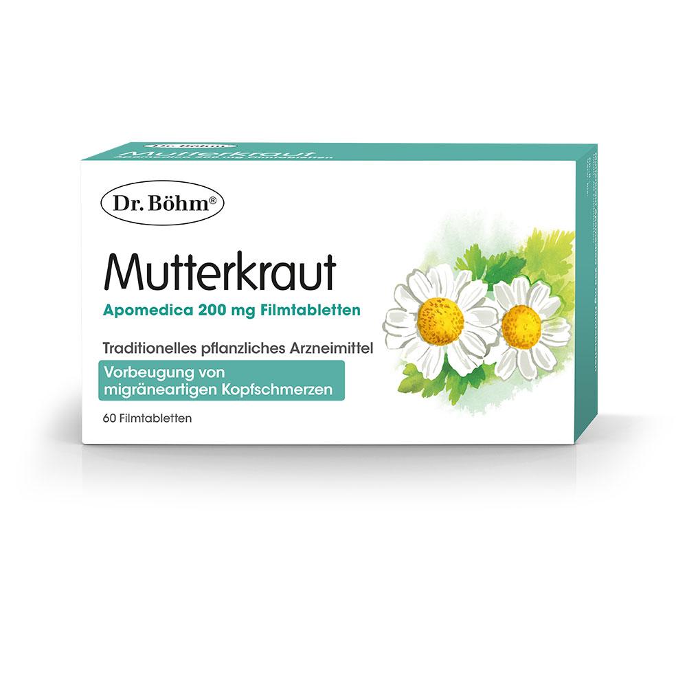 Verpackung von Mutterkraut-Tabletten gegen migräneartige Kopfschmerzen mit Kamillenmotiv.