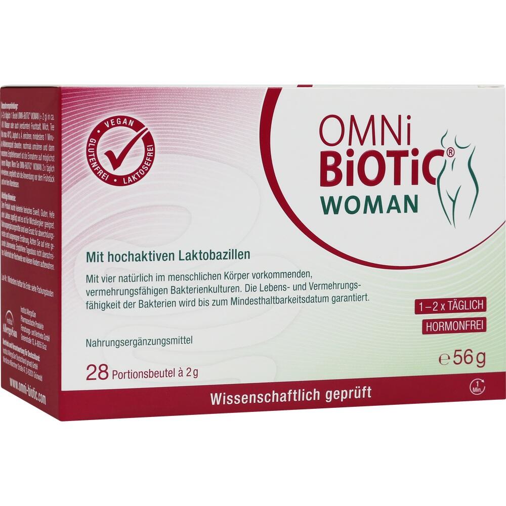 Eine Packung Nahrungsergänzungsmittel mit der Aufschrift "Omni Biotic Woman".