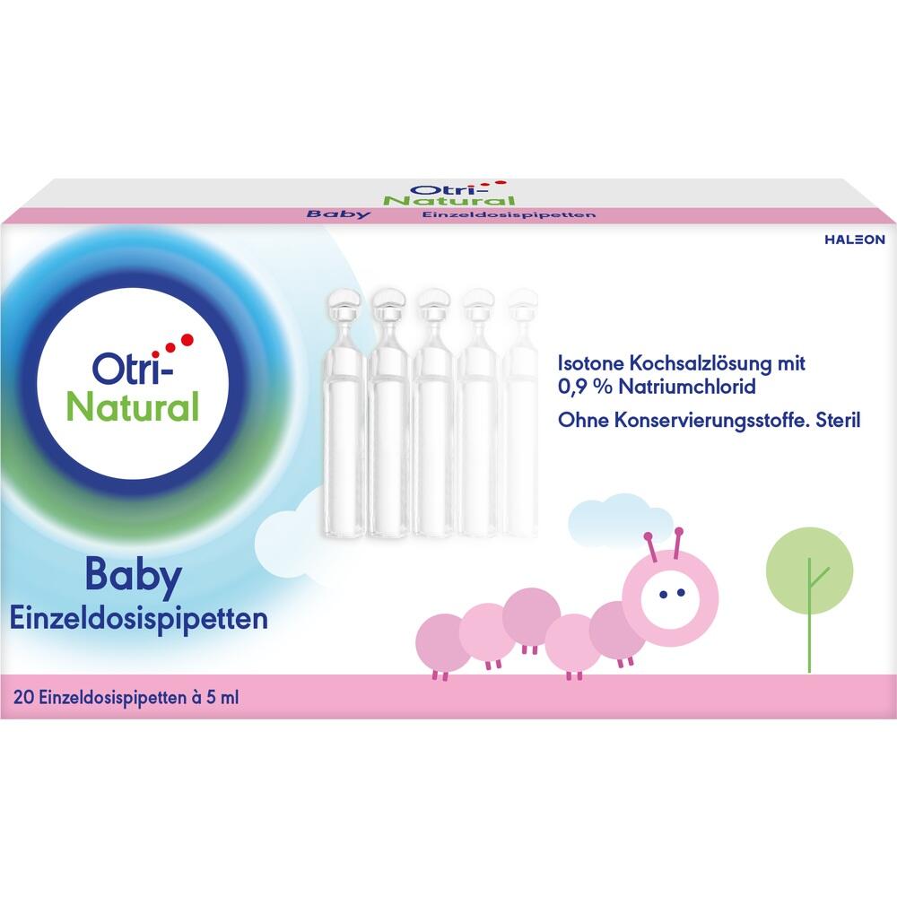 Weiße Pipetten und eine rosa Raupe auf einer Verpackung für Baby-Kochsalzlösung.