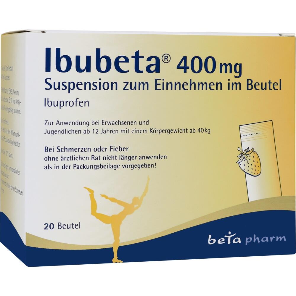 Gelbe Verpackung von Ibubeta 400 mg Ibuprofen mit 20 Beuteln.