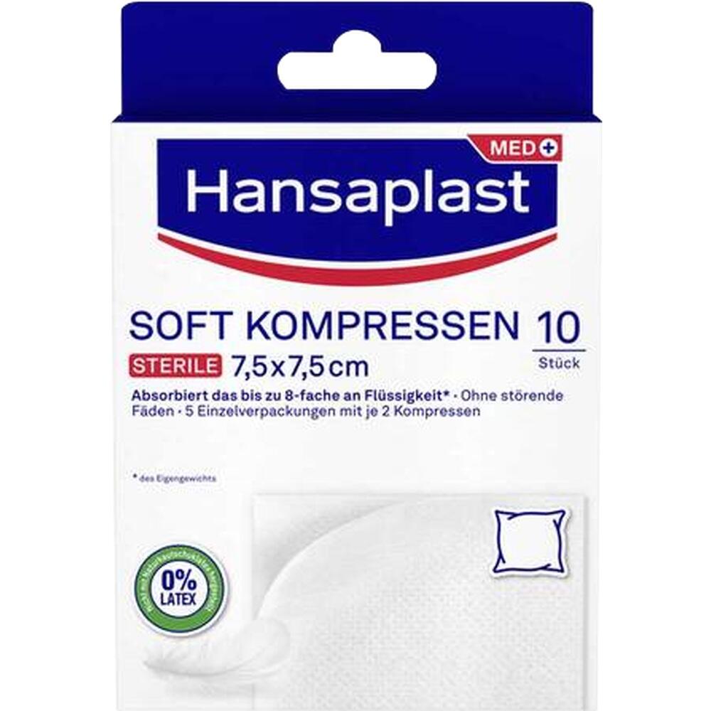 Die Verpackung zeigt sterile Kompressen von Hansaplast, 10 Stück, 7,5x7,5 cm groß.