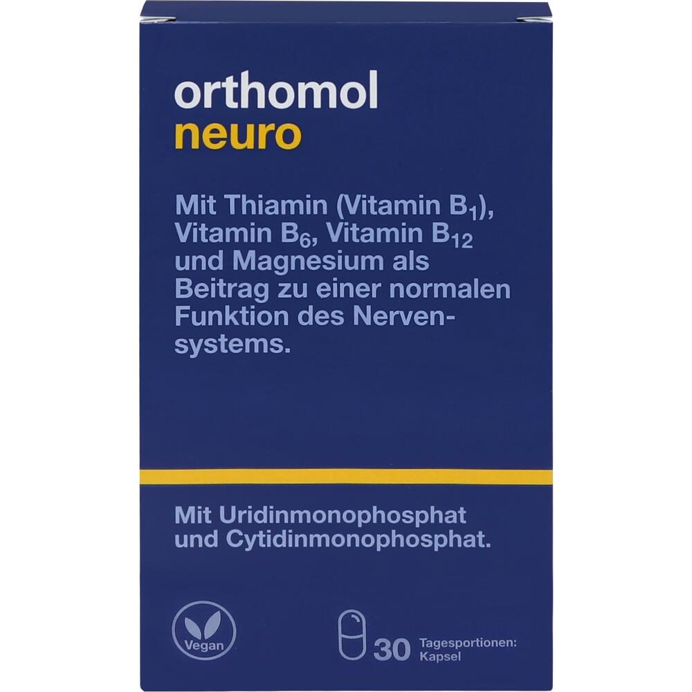 Blau-gelbe Verpackung von Orthomol Neuro mit 30 Kapseln und Vitaminen für die Nervensystem-Funktion.