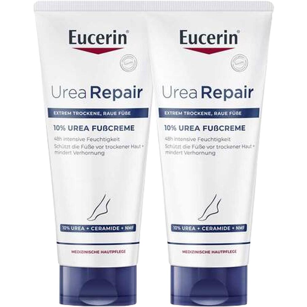 Zwei Tuben Urea-Fußcreme von Eucerin für trockene, raue Füße.