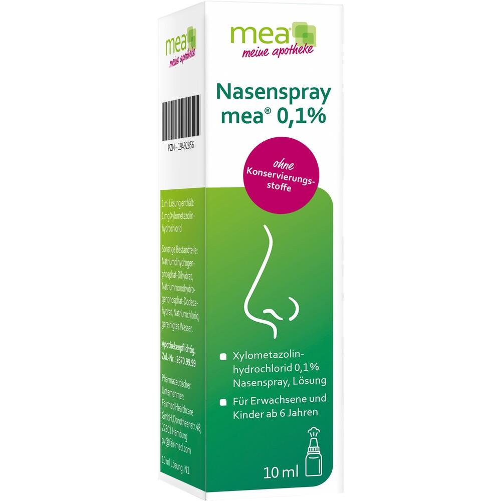 Grüne Nasenspray-Verpackung mit der Aufschrift "Nasenspray mea 0,1%".