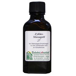 Eine braune Flasche mit Etikett für Zyklus-Massageöl.