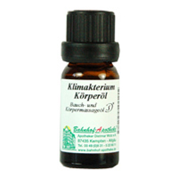 Braune Glasflasche mit weißem Etikett und der Aufschrift "Klimakterium Körperöl".